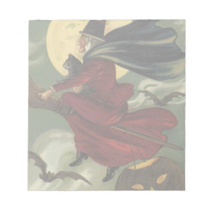 Vintage Halloween Witch Riding Broomstick with Cat Notepad