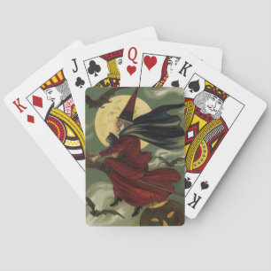 Vintage Halloween Witch Riding Broomstick with Cat Playing Cards