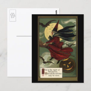 Vintage Halloween Witch Riding Broomstick with Cat Postcard