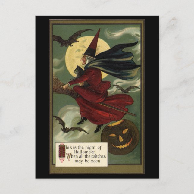 Vintage Halloween Witch Riding Broomstick with Cat Postcard (Front)