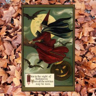 Vintage Halloween Witch Riding Broomstick with Cat Poster
