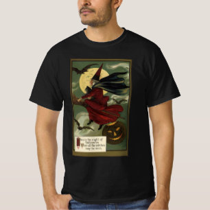 Vintage Halloween Witch Riding Broomstick with Cat T-Shirt
