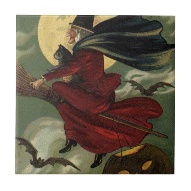 Vintage Halloween Witch Riding Broomstick with Cat Tile (Front)