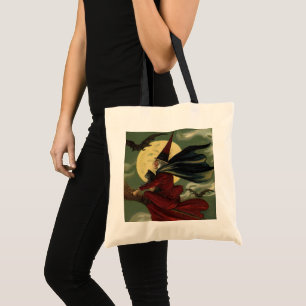 Vintage Halloween Witch Riding Broomstick with Cat Tote Bag