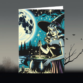Vintage Halloween Witch stirring a Cauldron Card