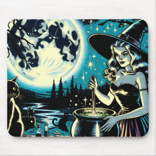 Vintage Halloween Witch stirring a Cauldron Mouse Mat