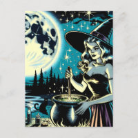 Vintage Halloween Witch stirring a Cauldron