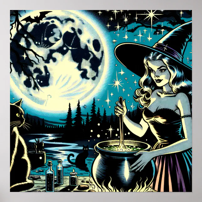 Vintage Halloween Witch stirring a Cauldron Poster | Zazzle
