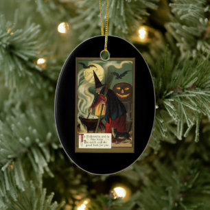 Vintage Halloween Witch Stirring Magic Cauldron Ceramic Tree Decoration