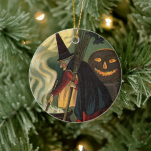 Vintage Halloween Witch Stirring Magic Cauldron Ceramic Tree Decoration