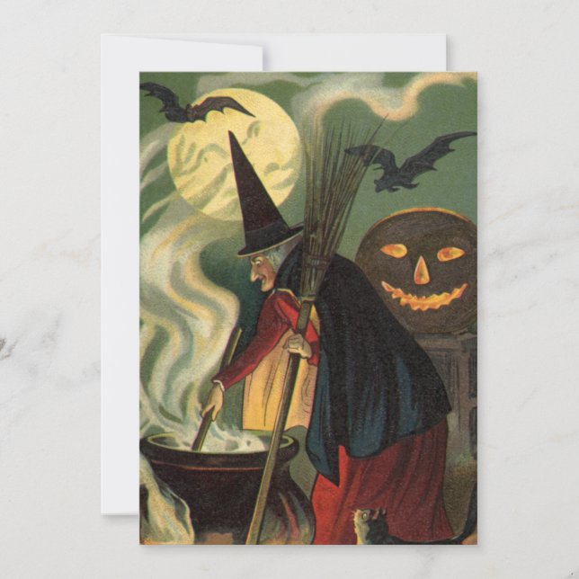 Vintage Halloween Witch Stirring Magic Cauldron Invitation (Front)