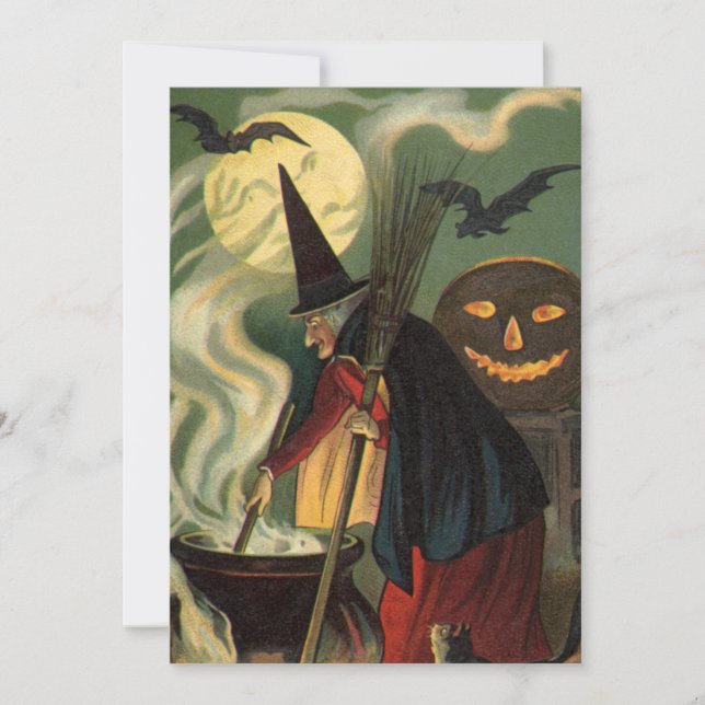 Vintage Halloween Witch Stirring Magic Cauldron Invitation (Front)