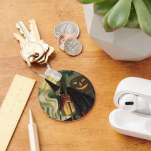 Vintage Halloween Witch Stirring Magic Cauldron Key Ring