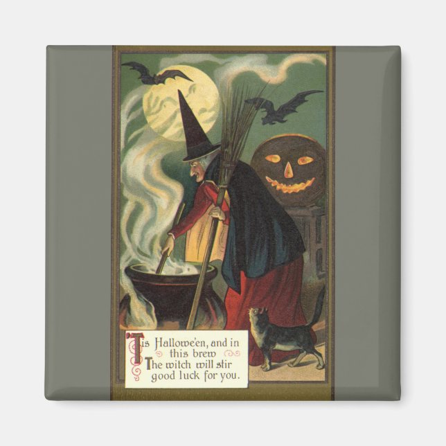 Vintage Halloween Witch Stirring Magic Cauldron Magnet (Front)