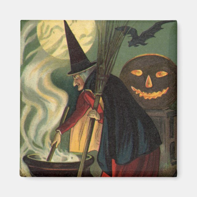 Vintage Halloween Witch Stirring Magic Cauldron Magnet (Front)
