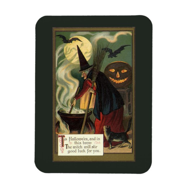 Vintage Halloween Witch Stirring Magic Cauldron Magnet (Vertical)