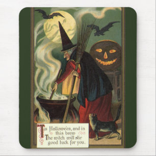 Vintage Halloween Witch Stirring Magic Cauldron Mouse Mat
