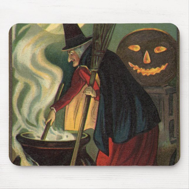 Vintage Halloween Witch Stirring Magic Cauldron Mouse Mat (Front)
