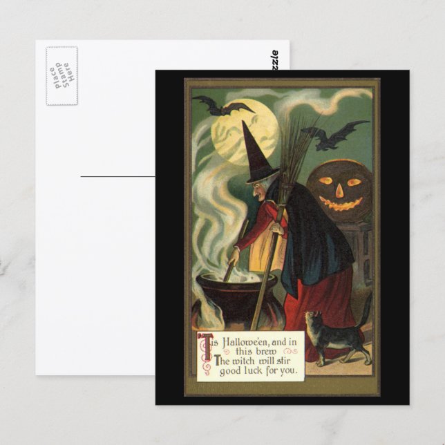Vintage Halloween Witch Stirring Magic Cauldron Postcard (Front/Back)