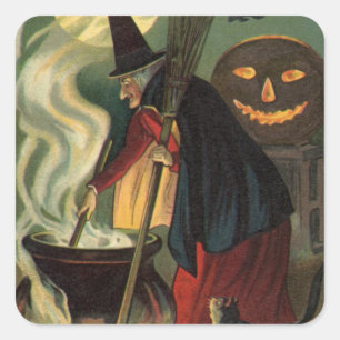 Vintage Halloween Witch Stirring Magic Cauldron Square Sticker