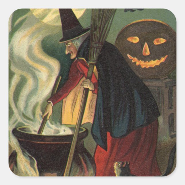Vintage Halloween Witch Stirring Magic Cauldron Square Sticker (Front)