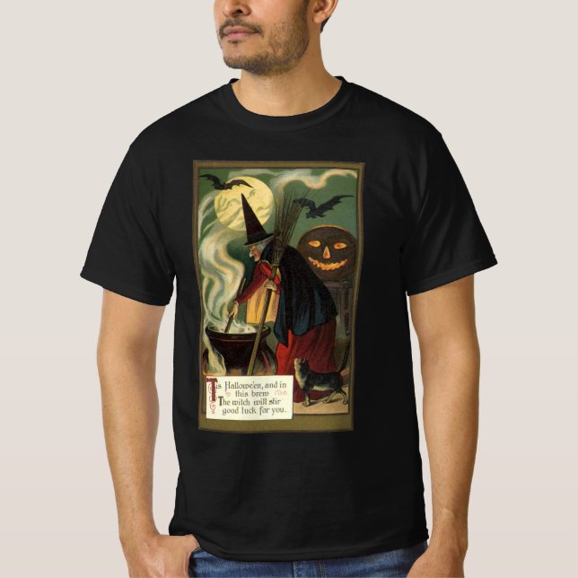 Vintage Halloween Witch Stirring Magic Cauldron T-Shirt (Front)