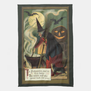 Vintage Halloween Witch Stirring Magic Cauldron Tea Towel