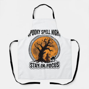 Vintage Halloween Witch Tree and Black Cat Graphic Apron