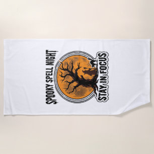 Vintage Halloween Witch Tree and Black Cat Graphic Beach Towel