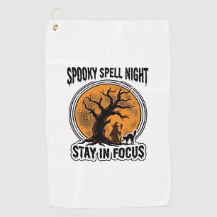 Vintage Halloween Witch Tree and Black Cat Graphic Golf Towel