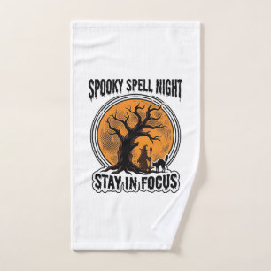 Vintage Halloween Witch Tree and Black Cat Graphic Hand Towel