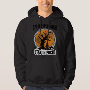 Vintage Halloween Witch Tree and Black Cat Graphic Hoodie