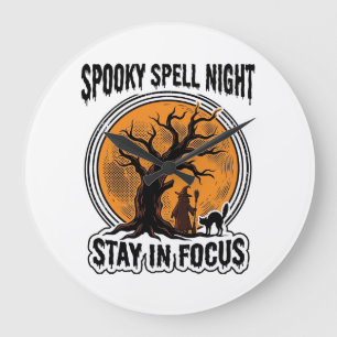 Vintage Halloween Witch Tree and Black Cat Graphic Large Clock