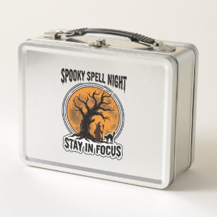 Vintage Halloween Witch Tree and Black Cat Graphic Metal Lunch Box