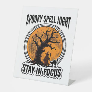 Vintage Halloween Witch Tree and Black Cat Graphic Pedestal Sign