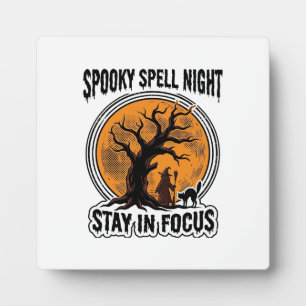 Vintage Halloween Witch Tree and Black Cat Graphic Plaque