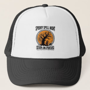 Vintage Halloween Witch Tree and Black Cat Graphic Trucker Hat