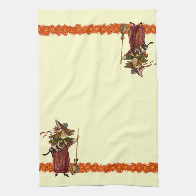 Vintage Halloween Witch w Cat Towels (Vertical)