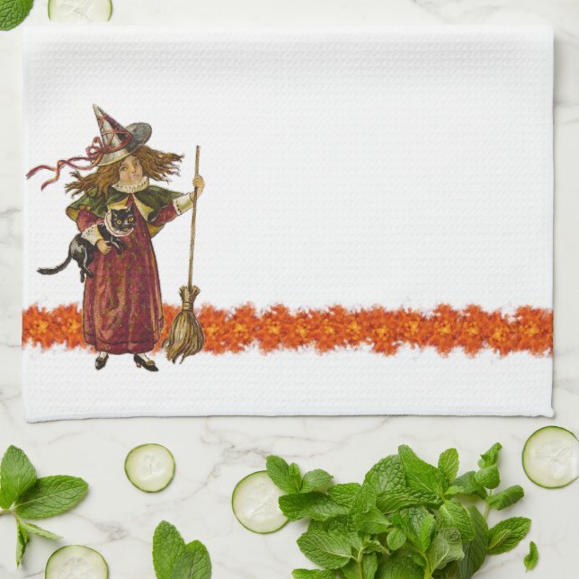 Vintage Halloween Witch w Cat Towels (Folded)