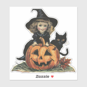 Vintage Halloween Witch with black cat and pumpkin