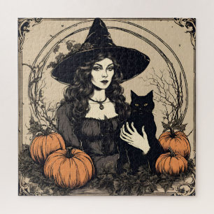 Vintage Halloween Witch with Black Cat, Pumpkins  Jigsaw Puzzle