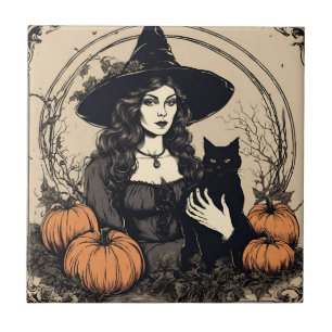 Vintage Halloween Witch with Black Cat, Pumpkins Tile