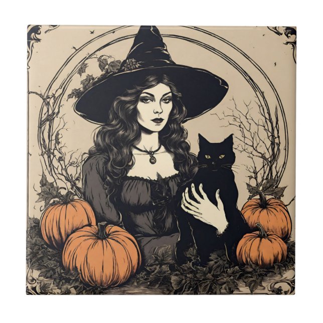 Vintage Halloween Witch with Black Cat, Pumpkins  Tile (Front)