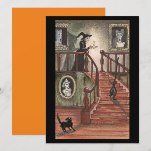 Vintage Halloween Witch With Black Cats