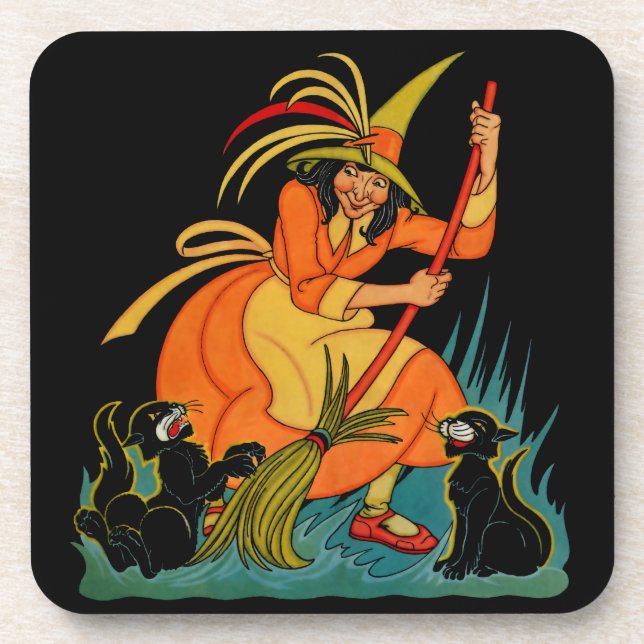 Vintage Halloween Witch with Black Cats Coasters (Front)
