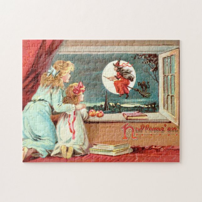 Vintage Halloween Witch with Broomstick Jigsaw Puzzle (Horizontal)