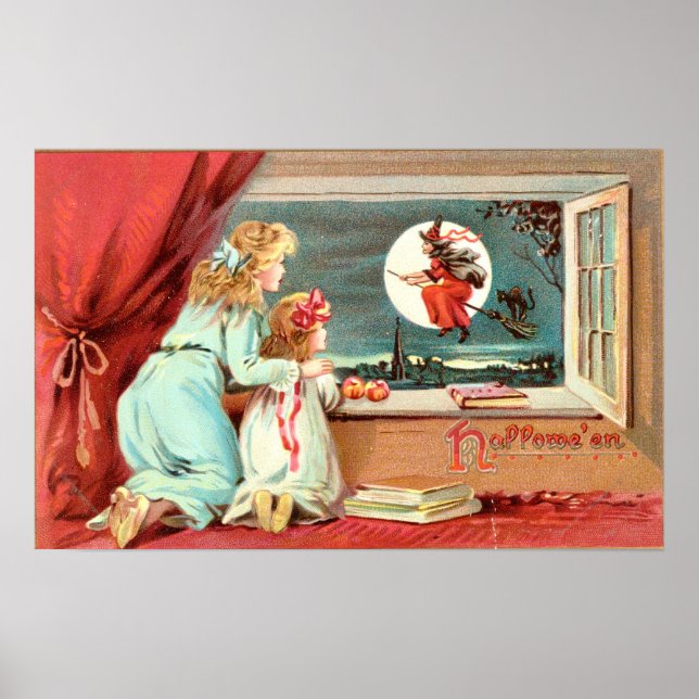 Vintage Halloween Witch with Broomstick Poster (Front)