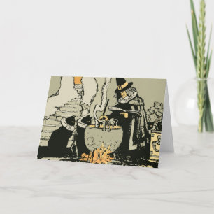 Vintage Halloween, Witch with Cauldron and Cats Card