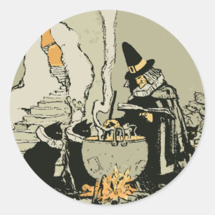 Vintage Halloween, Witch with Cauldron and Cats Classic Round Sticker