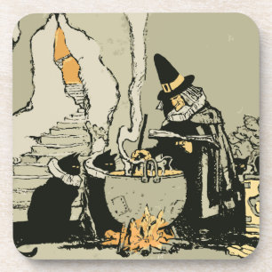 Vintage Halloween, Witch with Cauldron and Cats Coaster